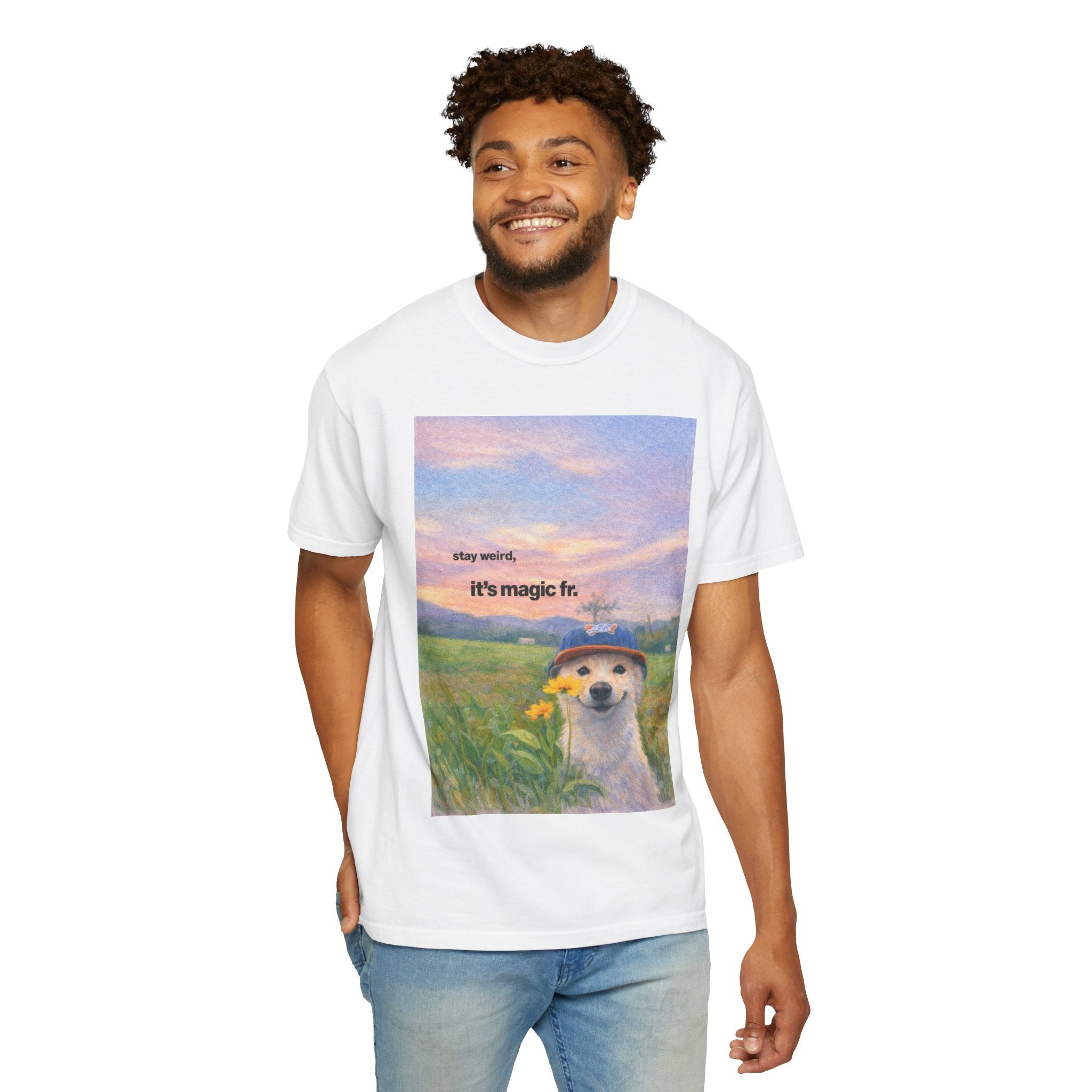 It's Magic Fr. Dog T-Shirt — Whimsical Shiba in Sunflower Field Tee