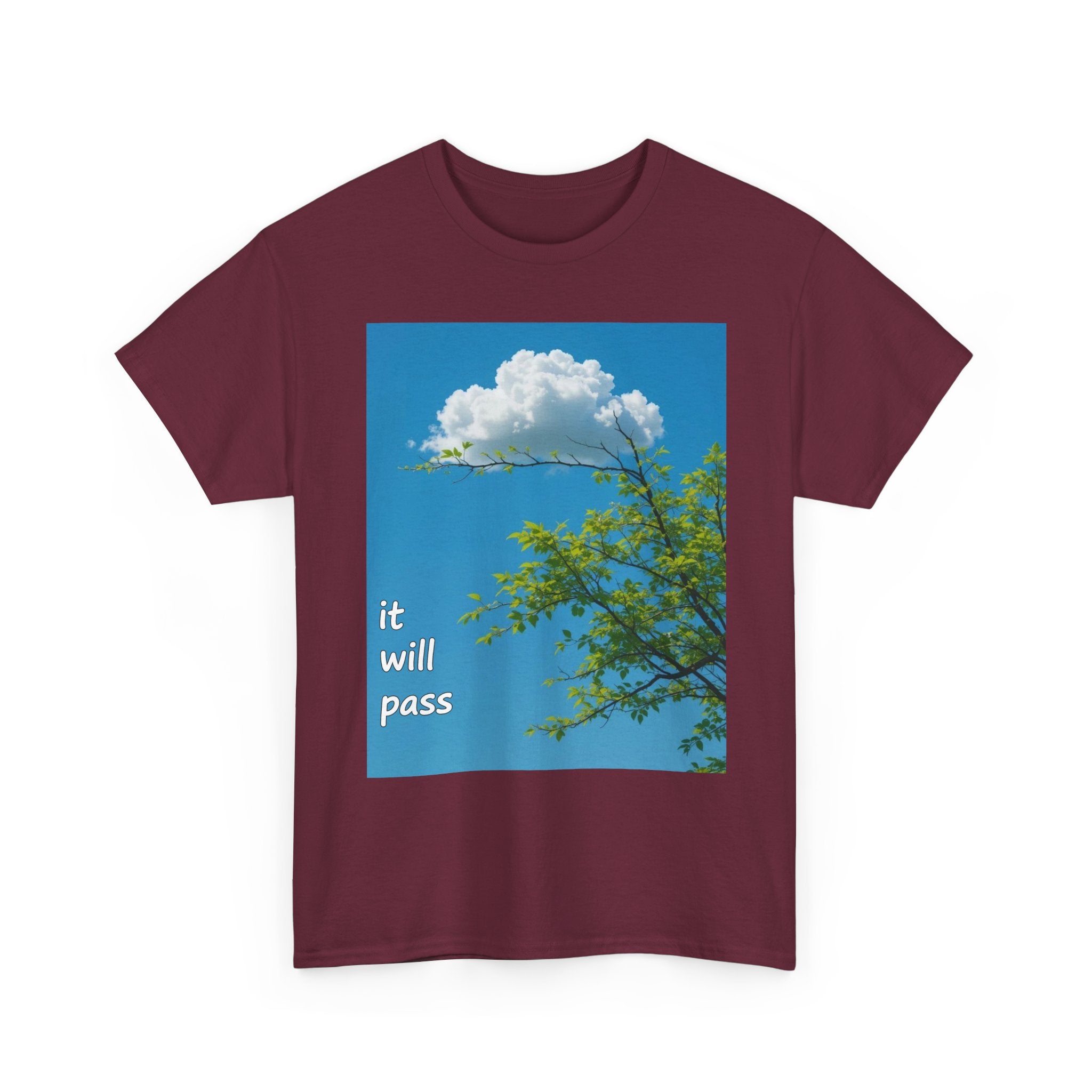 It Will Pass Tee — Comforting Cloud Graphic T‑Shirt ("it will pass" / "eventually")