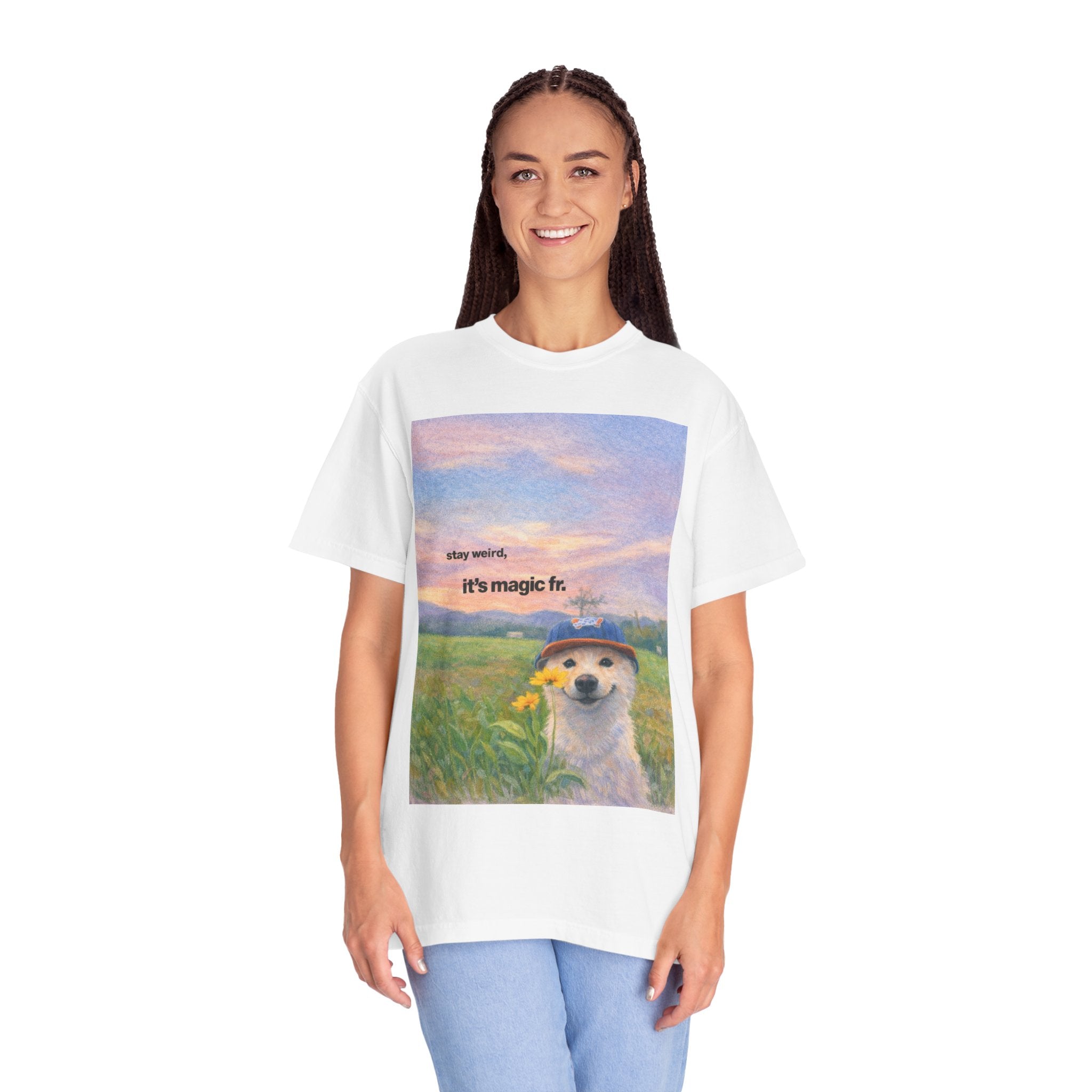 It's Magic Fr. Dog T-Shirt — Whimsical Shiba in Sunflower Field Tee