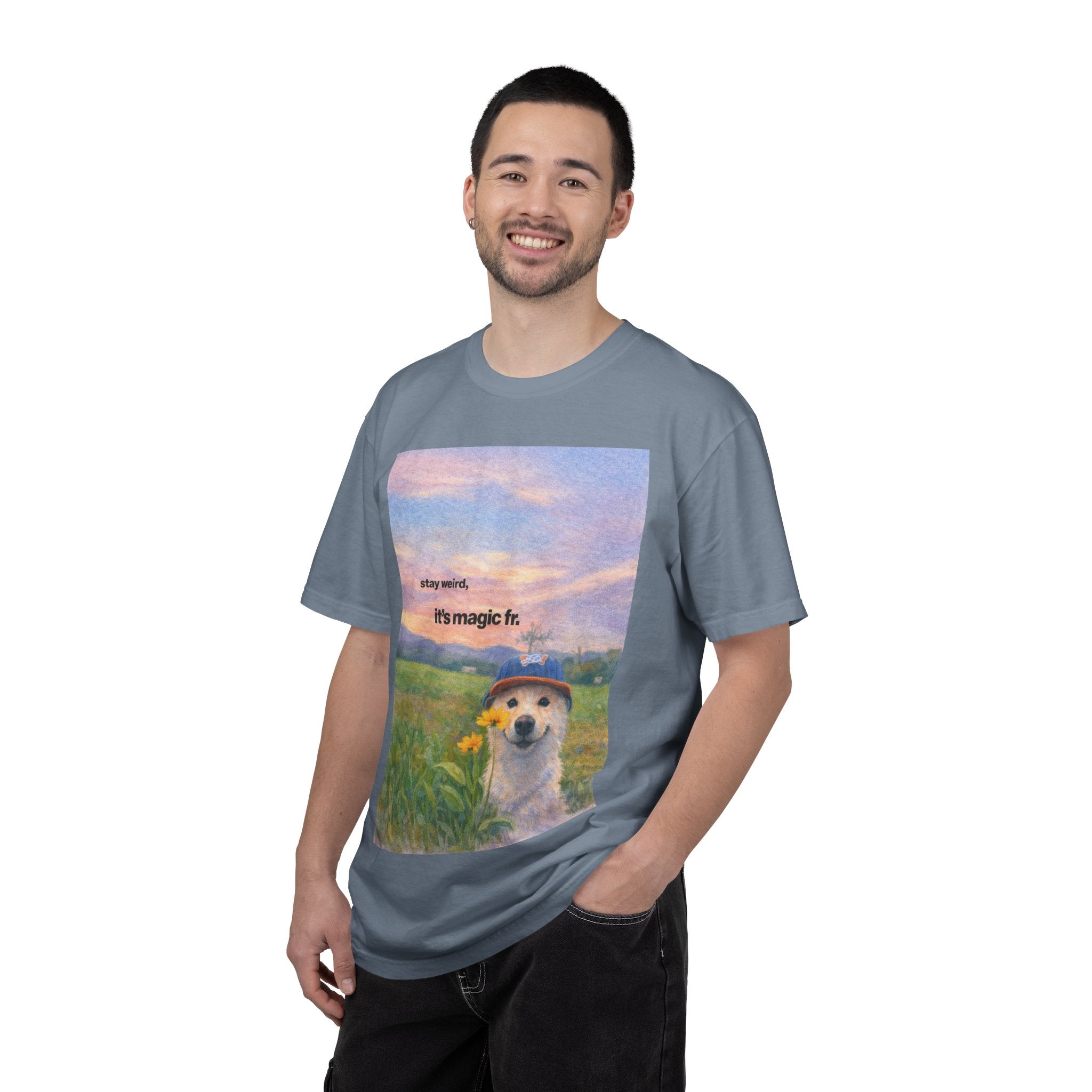 It's Magic Fr. Dog T-Shirt — Whimsical Shiba in Sunflower Field Tee