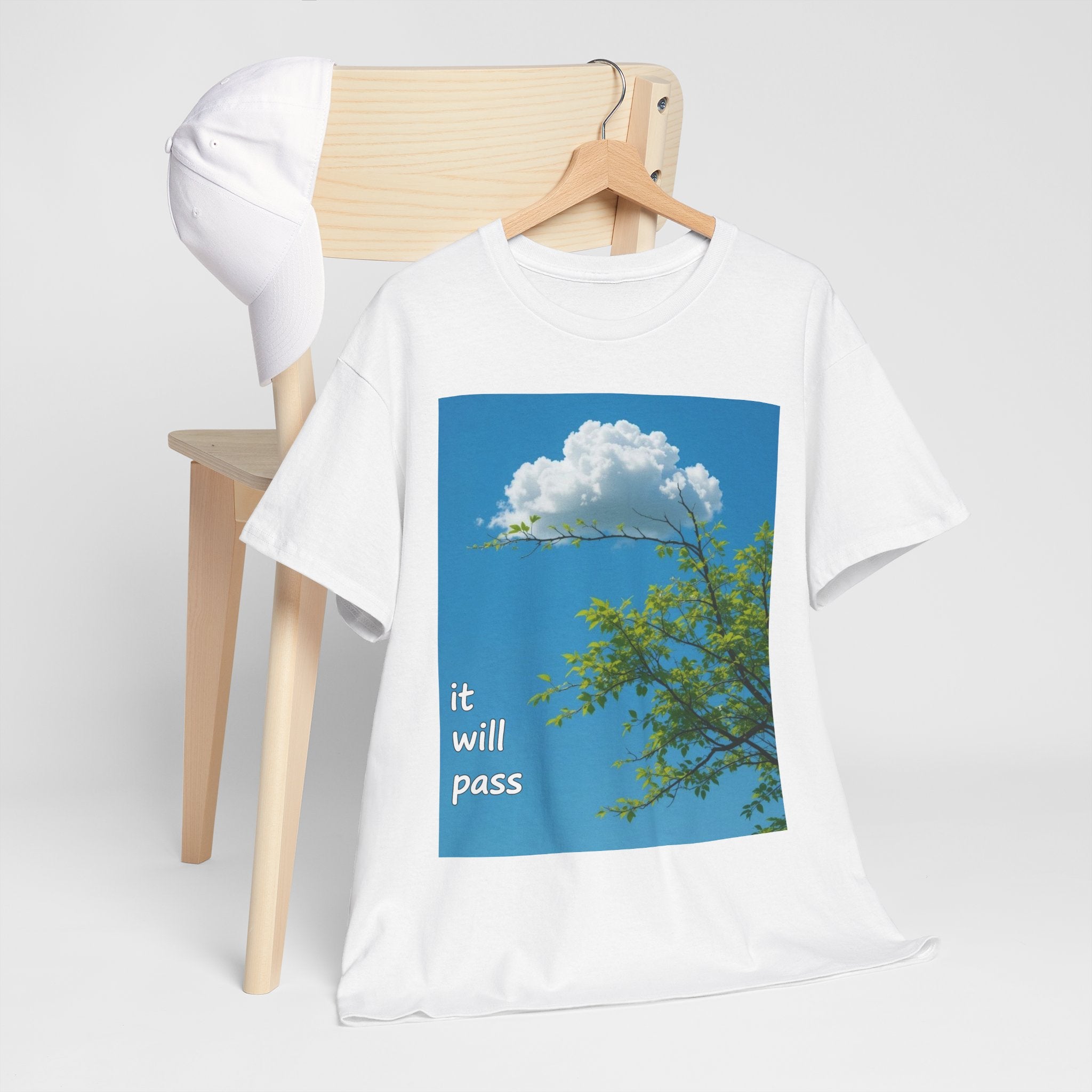 It Will Pass Tee — Comforting Cloud Graphic T‑Shirt ("it will pass" / "eventually")